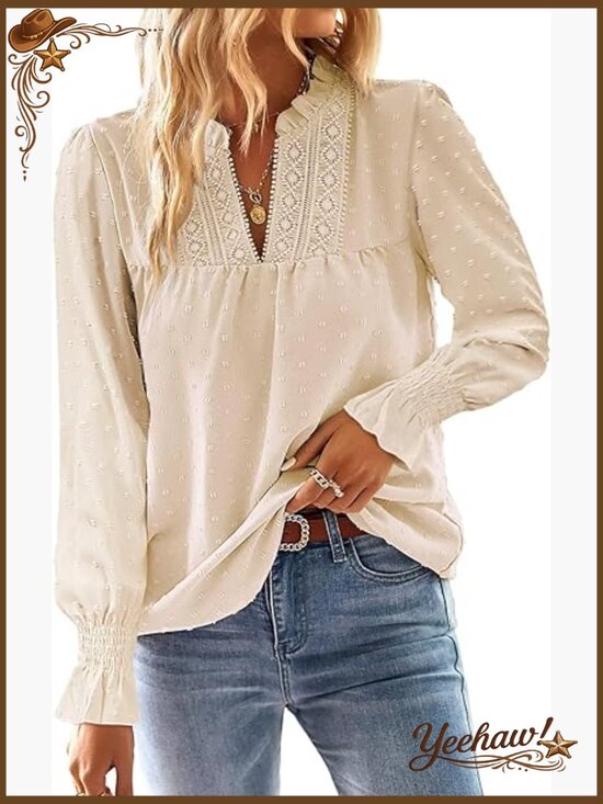 Tops - Women's V Neck Lace Boho Long Sleeve Swiss Dot Blouse Tunic Top
